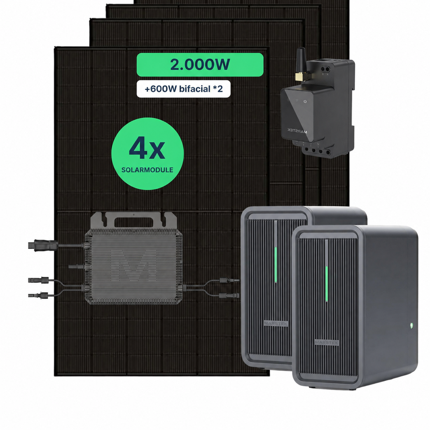 Balkonkraftwerk 2000W mit Speicher – 4× Jolywood 500W + 2× Marstek B2500-D