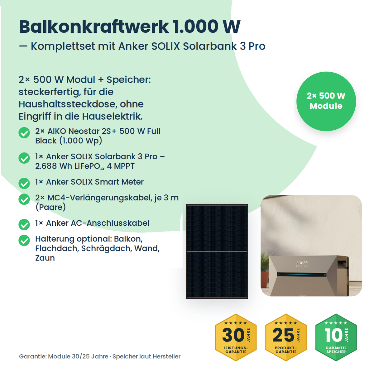 Balkonkraftwerk 1000W mit AIKO-Modulen und Solarbank 3 Pro – Lieferumfang des Komplettsets