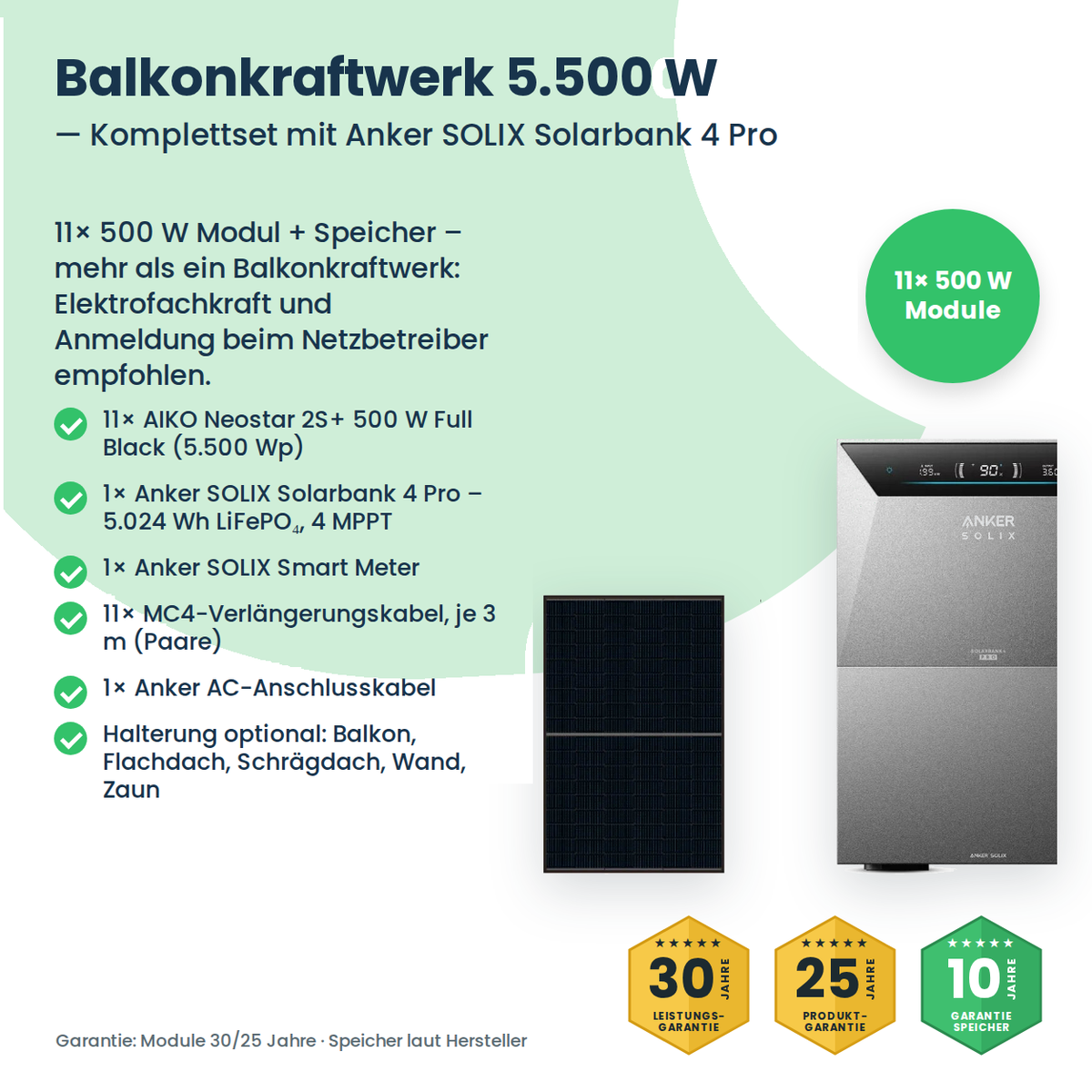 Balkonkraftwerk 5500W mit AIKO-Modulen und Speicher – Lieferumfang des Komplettsets