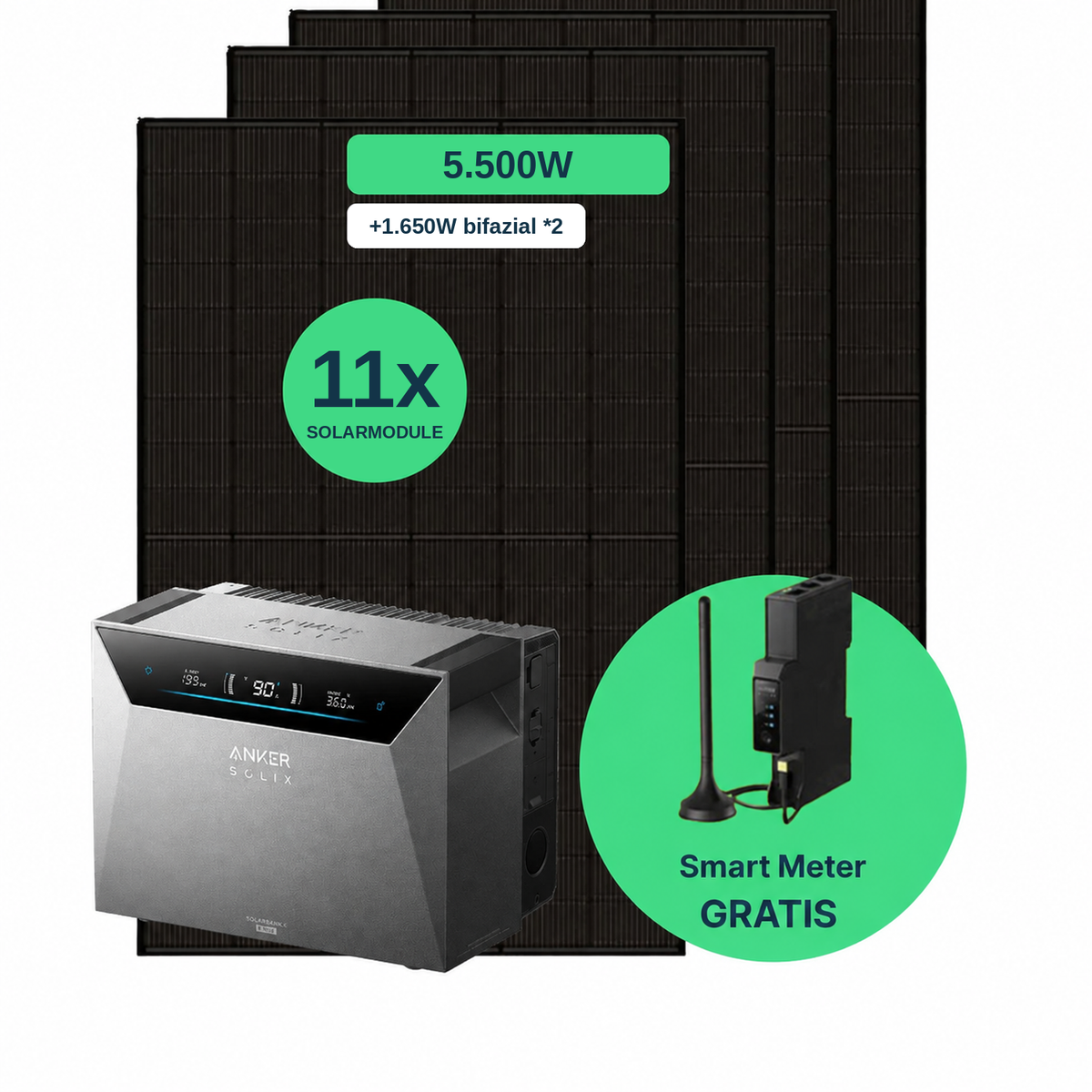 Balkonkraftwerk 5.500 W Komplettset mit 11 Solarmodulen (Jolywood 500 W bifazial), Anker SOLIX Solarbank 4 Pro und gratis Smart Meter