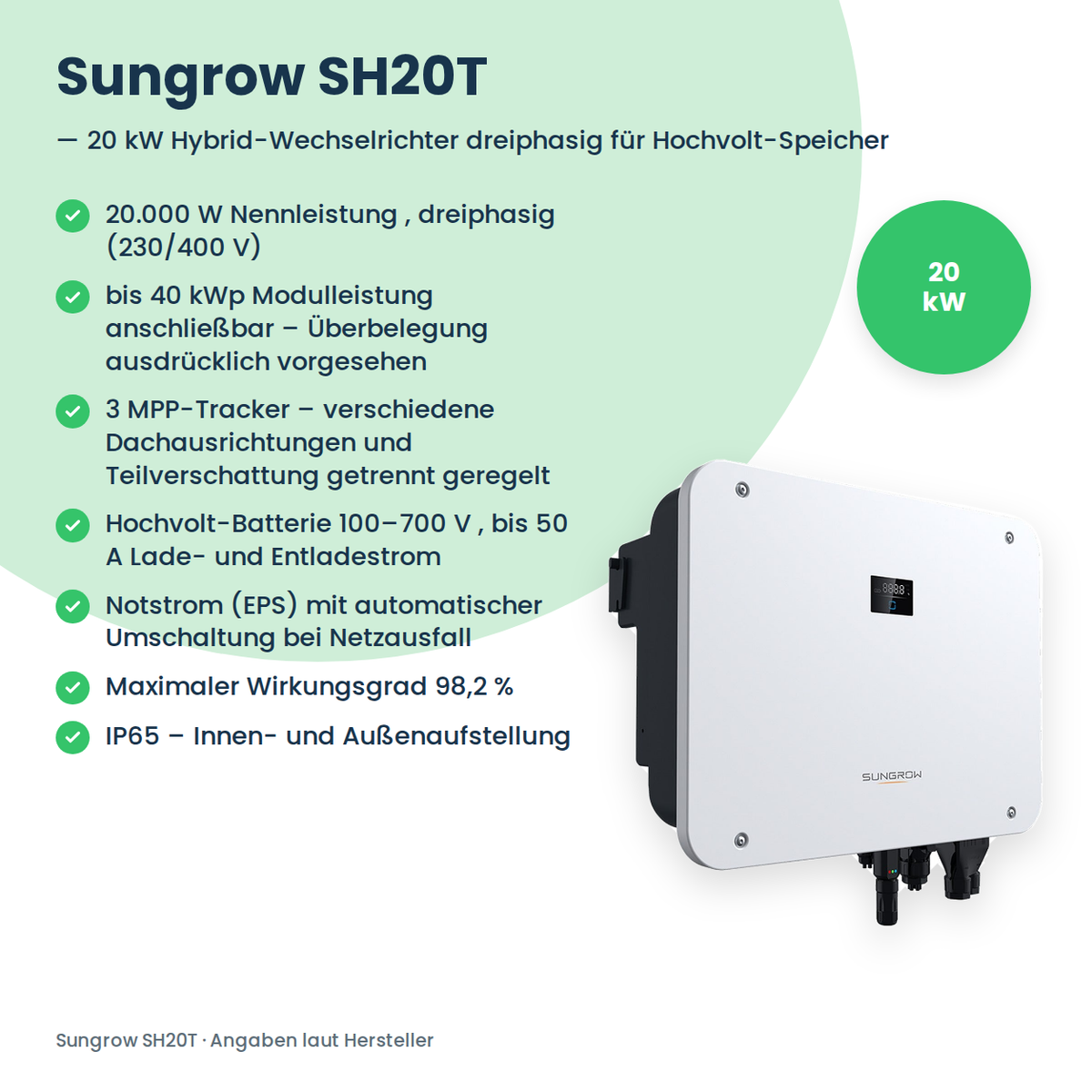 Sungrow SH20T – 20 kW Hybrid-Wechselrichter dreiphasig für Hochvolt-Speicher