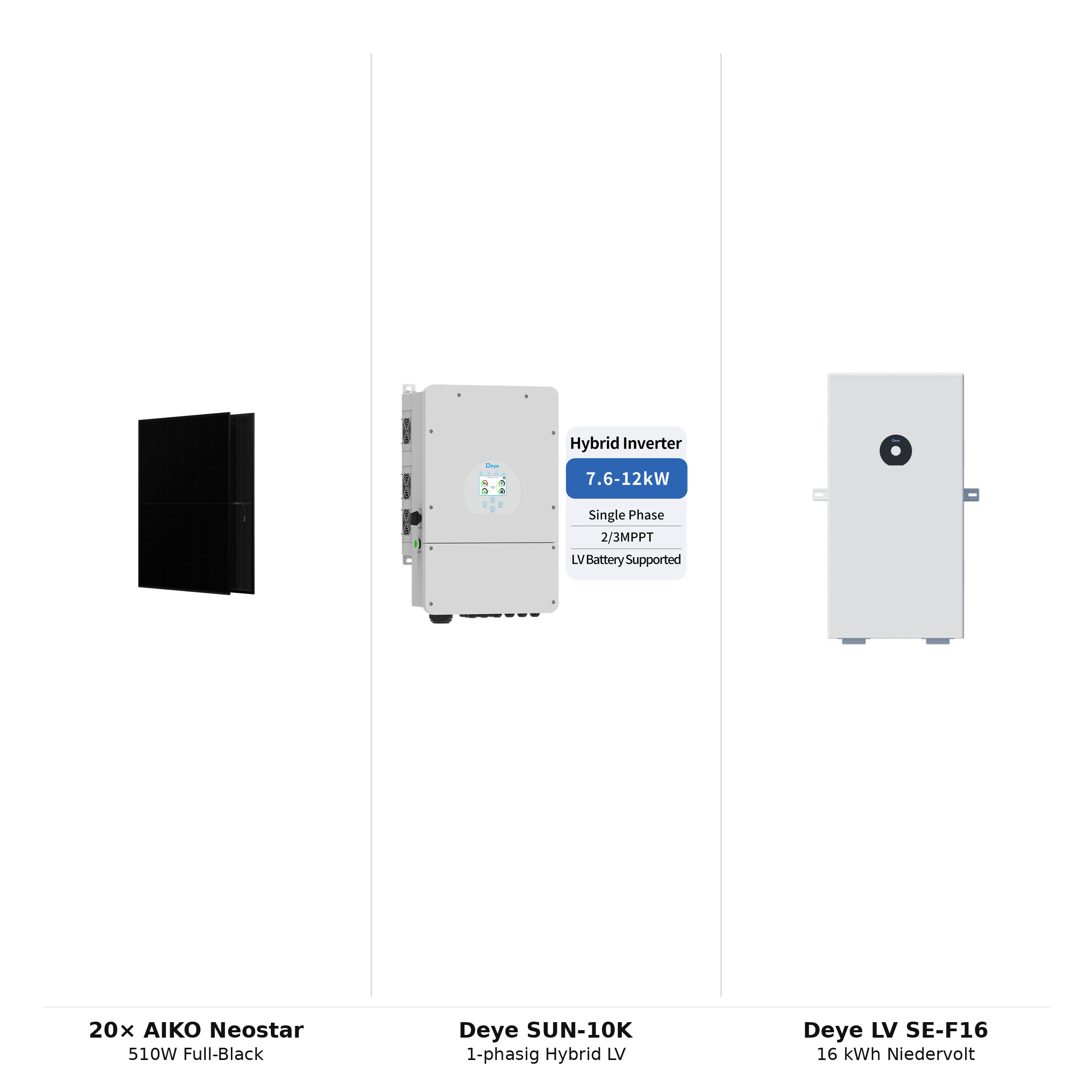 PV-Komplettset 10,2 kWp | 20× AIKO Neostar 510W + Deye SUN-10K-SG02LP1 + Deye LV SE-F16-C