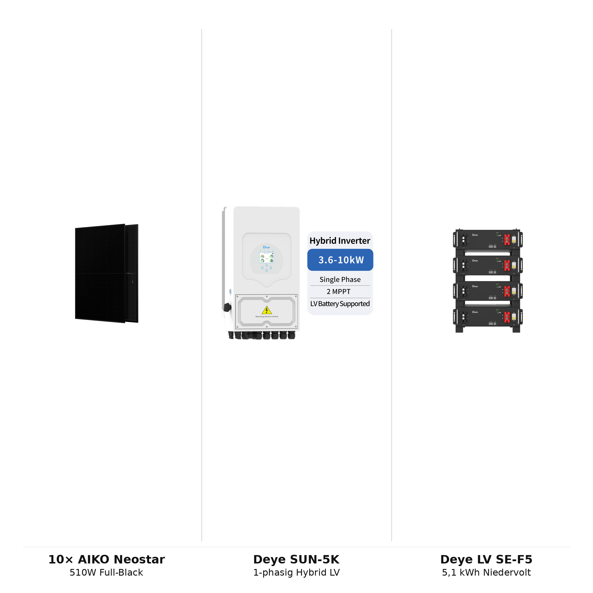 PV-Komplettset 5,1 kWp | 10× AIKO Neostar 510W + Deye SUN-5K-SG05LP1 + Deye LV SE-F5 Pro-C