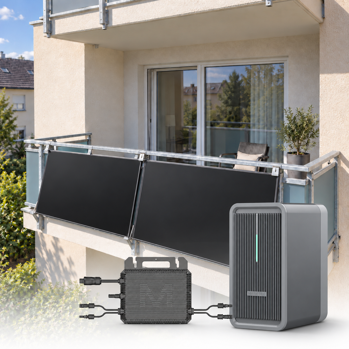 Balkonkraftwerk 800W mit Speicher am Balkongeländer: zwei AIKO Neostar 2S+ 465 W Module, Marstek Saturn B2500-D Speicher und Mikrowechselrichter