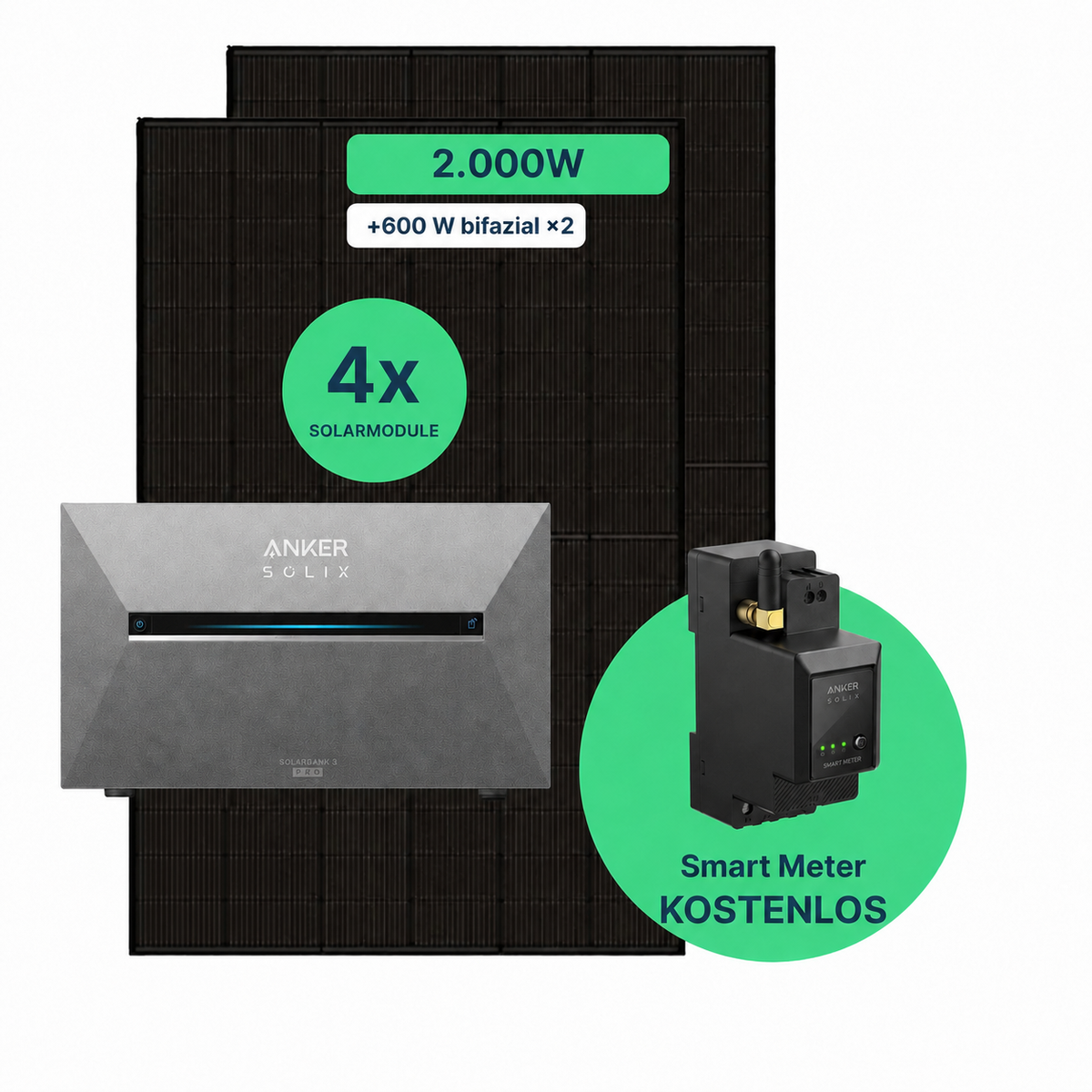 Balkonkraftwerk 2000W Komplettset mit vier bifazialen Solarmodulen, Anker SOLIX Solarbank 3 Pro und kostenlosem Smart Meter