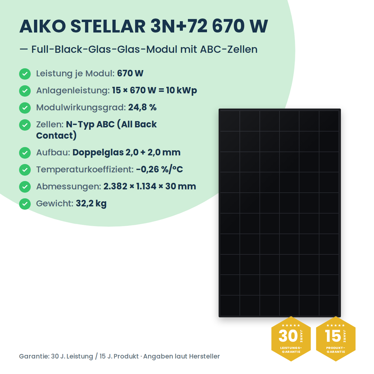 PV-Komplettset 10 kWp 3-ph. | 15× AIKO STELLAR 670W + Sungrow SH10T + Sungrow SBR096
