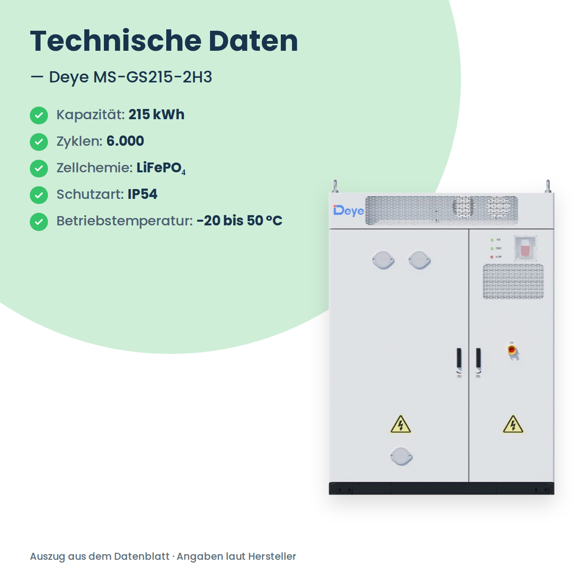 Deye MS-GS215-2H3 technische Daten im Überblick: 215 kWh Kapazität, 6.000 Zyklen, LiFePO4-Zellen, Schutzart IP54