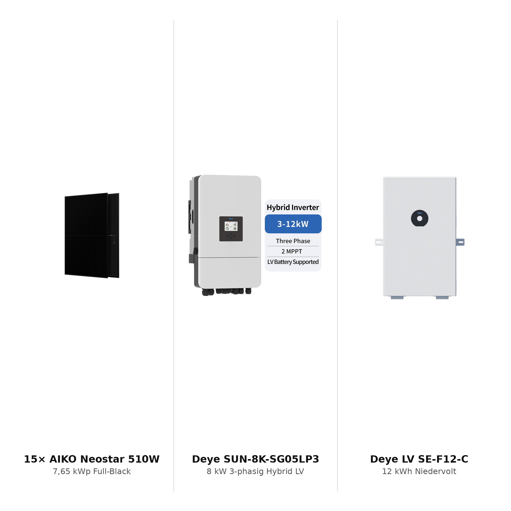 PV-Komplettset 7,65 kWp 3-ph. – AIKO 510W + Deye SUN-8K + Deye LV SE-F12