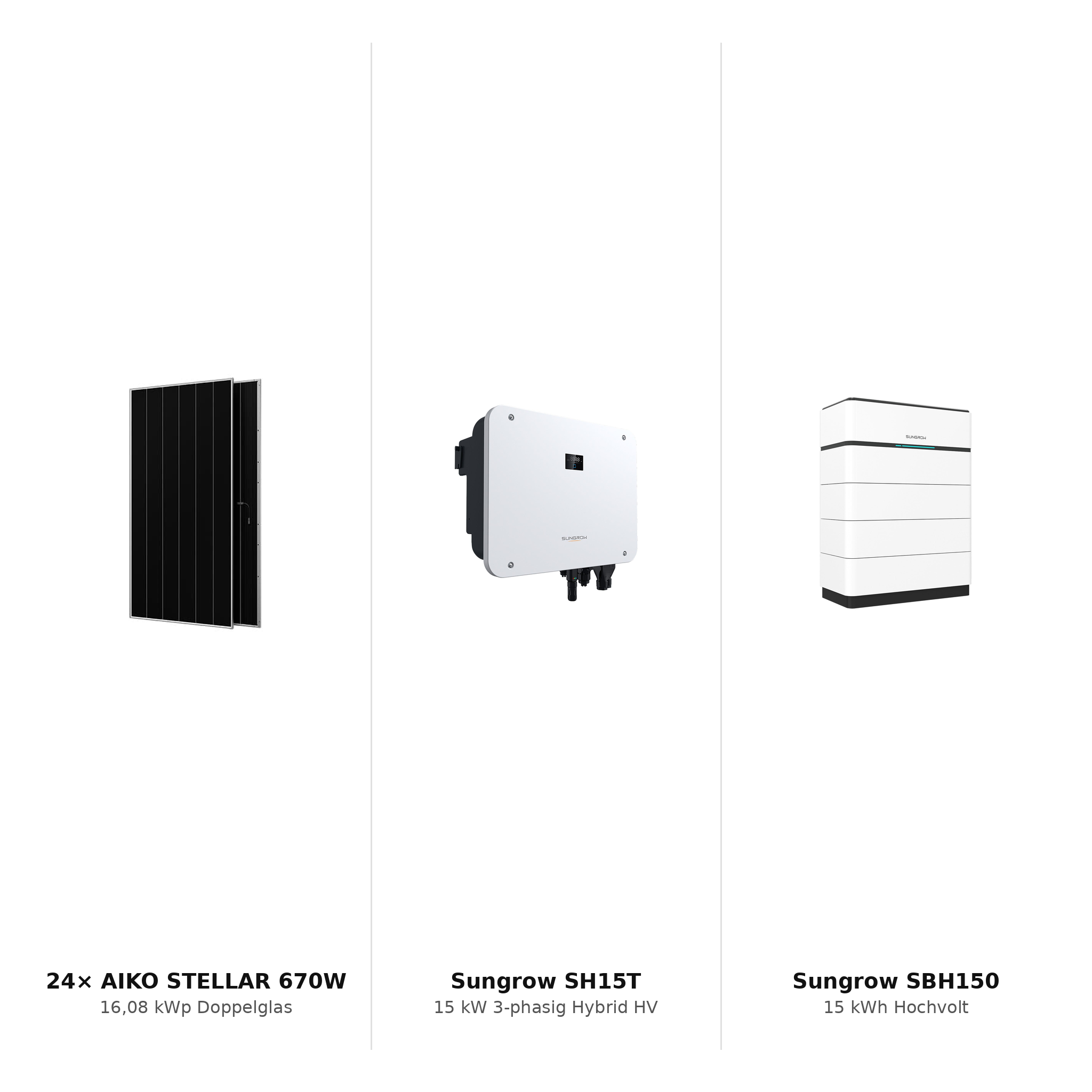 PV-Komplettset 16 kWp 3-ph. – AIKO STELLAR 670W + Sungrow SH15T + Sungrow SBH150