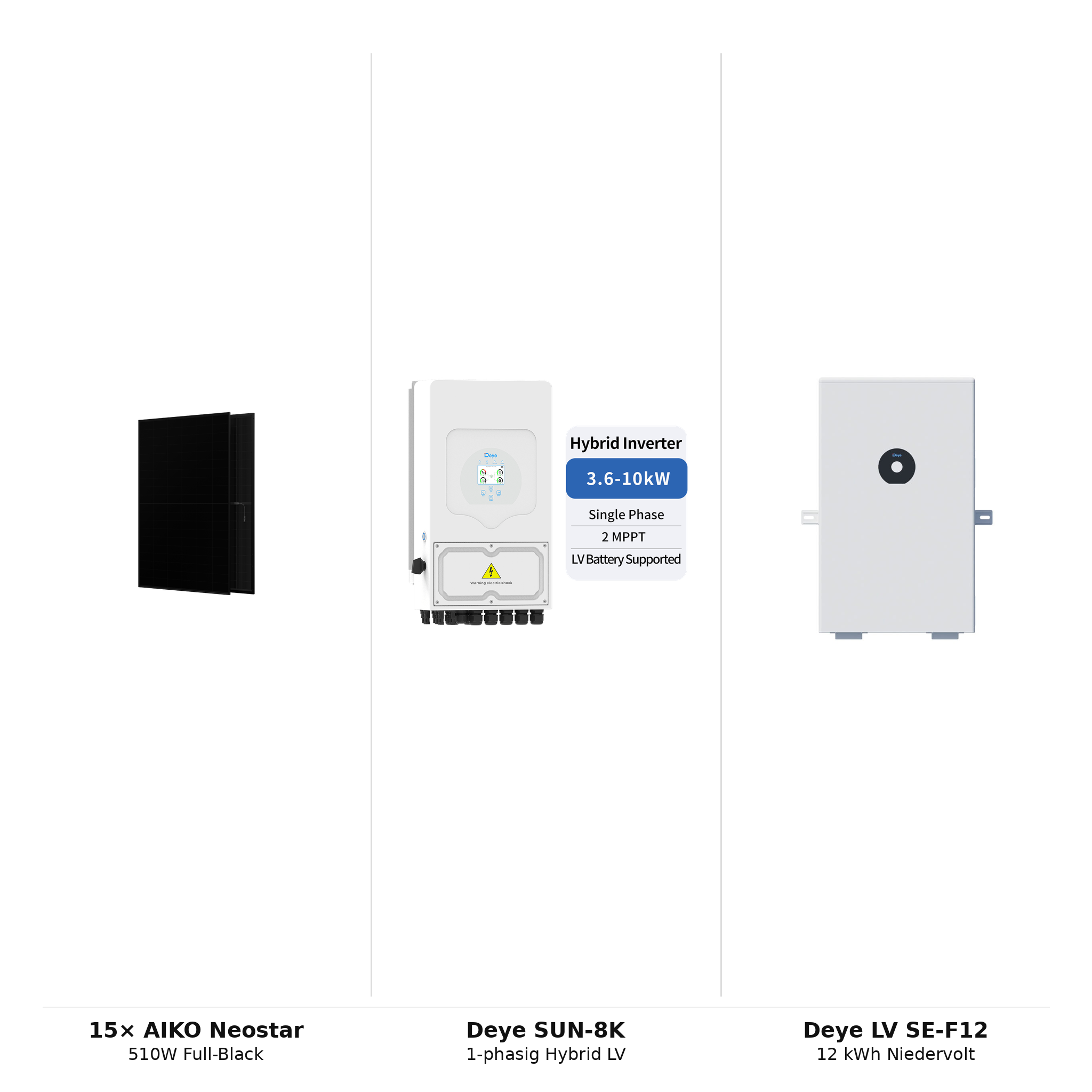 PV-Komplettset 7,65 kWp | 15× AIKO Neostar 510W + Deye SUN-8K-SG05LP1 + Deye LV SE-F12-C