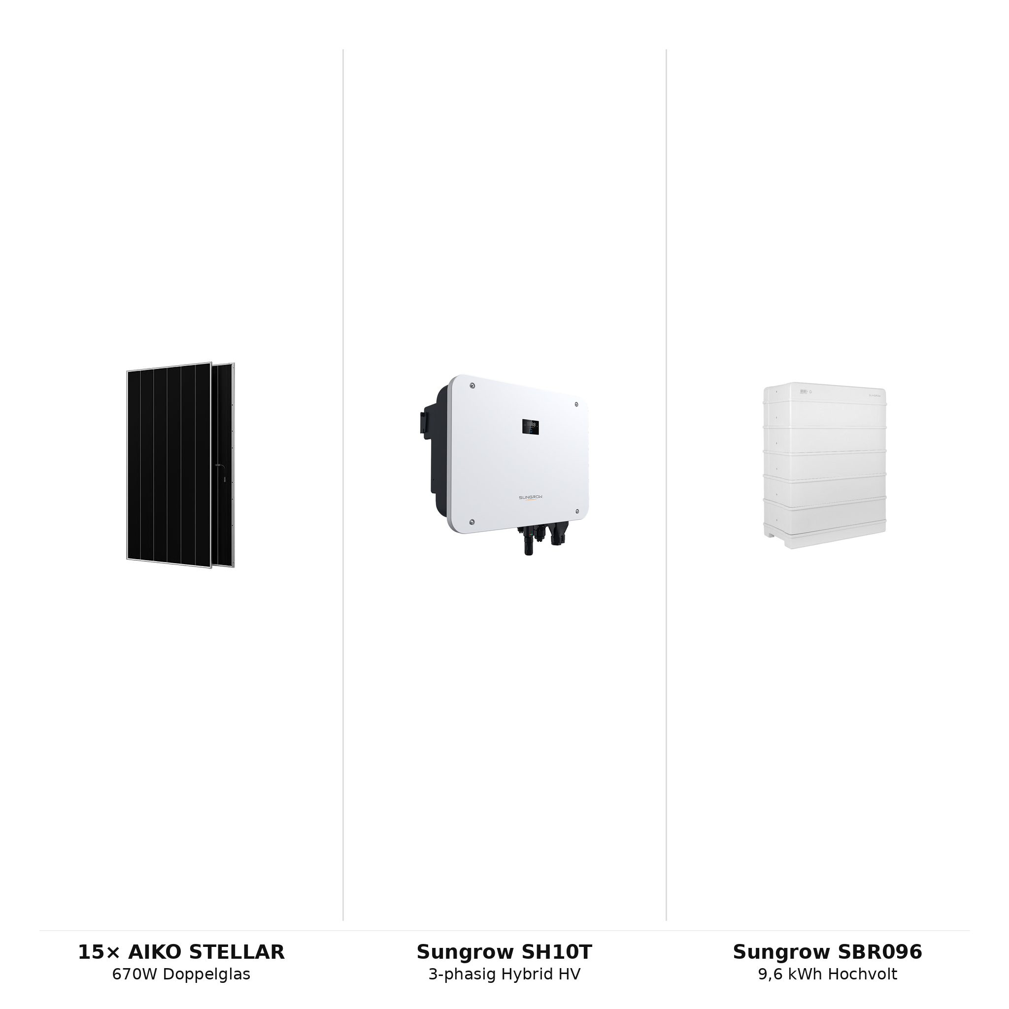PV-Komplettset 10 kWp 3-ph. | 15× AIKO STELLAR 670W + Sungrow SH10T + Sungrow SBR096