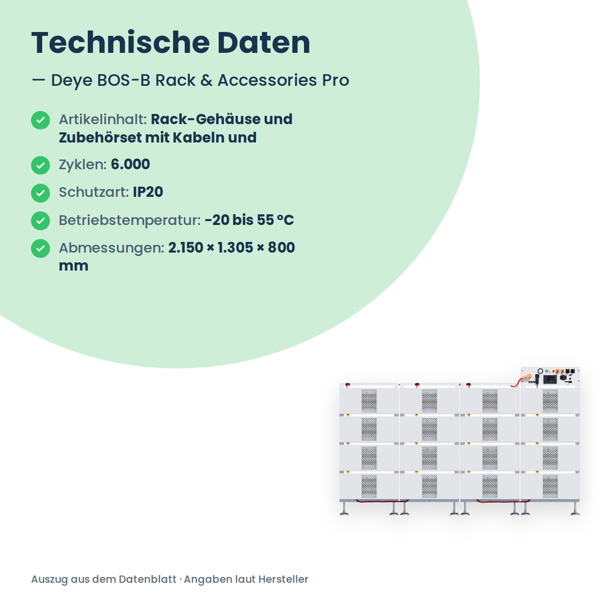 Deye BOS-B Rack & Accessories Pro – Technische Daten: 6.000 Zyklen, IP20, 2.150 × 1.305 × 800 mm